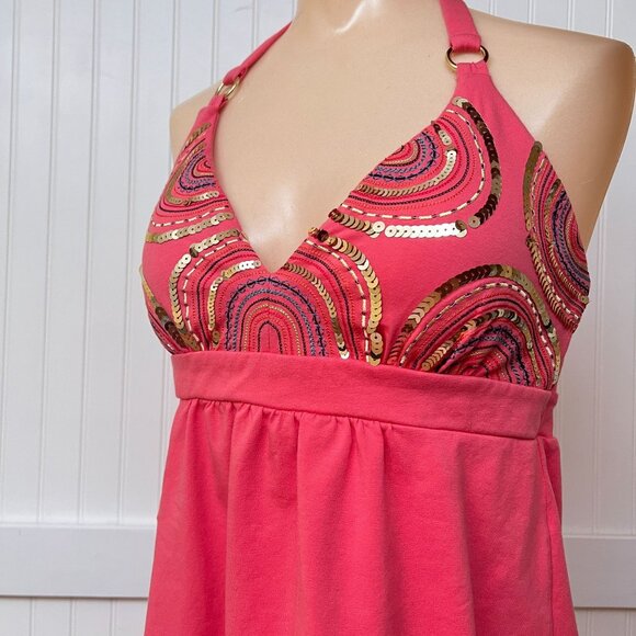 Victoria's Secret Bra Tops Coral Pink Halter Sequined V-Neck Tank Boho Large - Picture 1 of 10